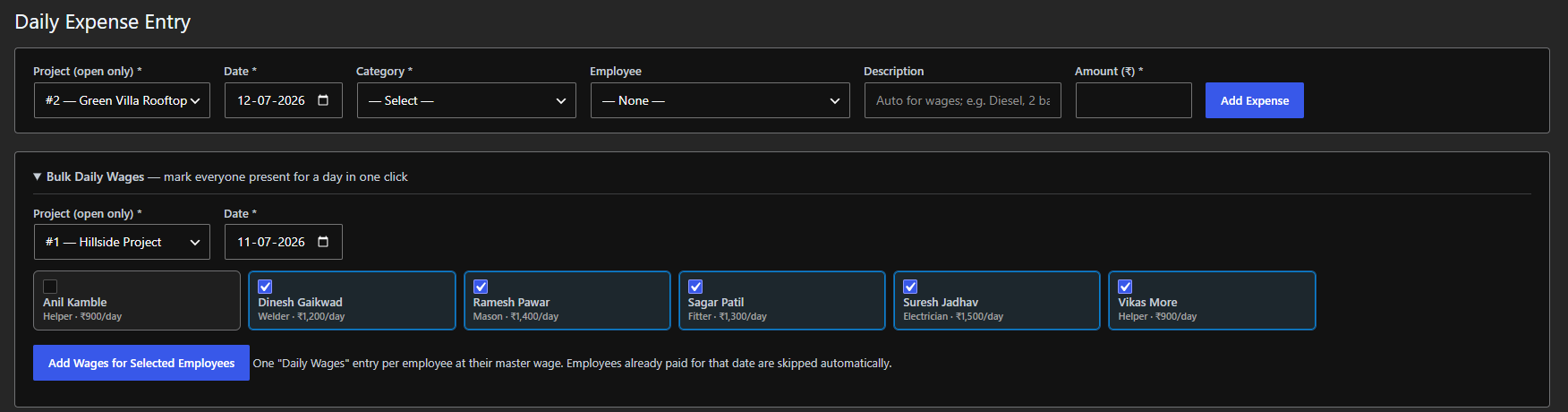 Bulk daily wages panel — tick the workers present and add a wage entry for each in one click; already-paid workers are skipped automatically