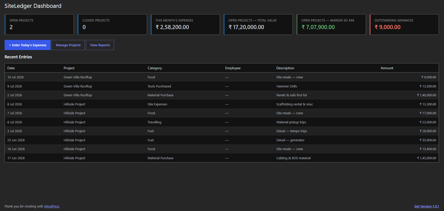 RISET dashboard showing open projects, this month's expenses, total value, margin so far and outstanding advances